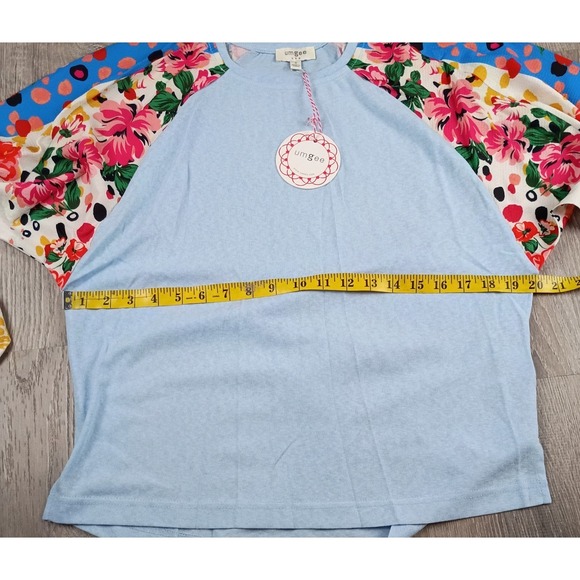 Umgee Mixed Print Long Balloon Sleeve Top Linen Blend Blue Floral Blouse Small - Picture 7 of 9